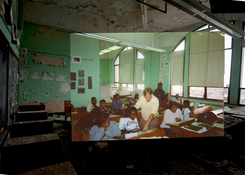 Illustration for article titled Composite photos show a Detroit school before and after it was abandoned